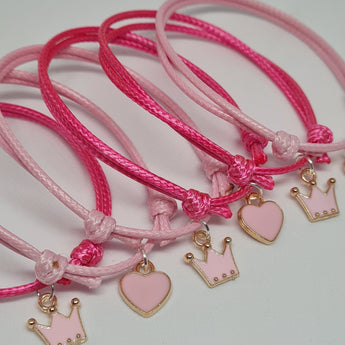 six pink princess and heart charm bracelet party bag fillers