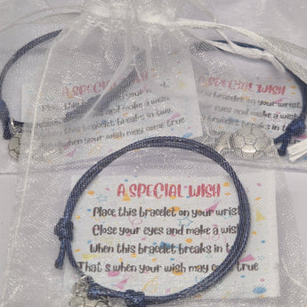 A collection of blue waxed cord bracelets with silver football charm pendants, displayed in sets of six or twelve.