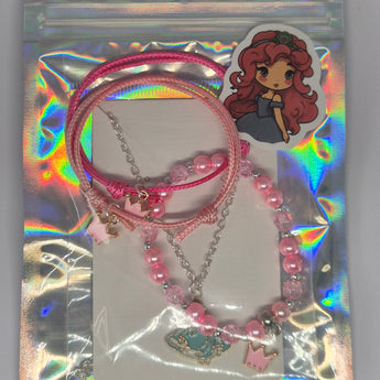 Handmade princess pre filled party bag with friendship bracelets, crown charm bracelet, princess necklace, and sticker