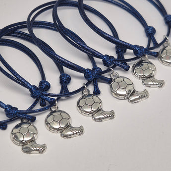 A collection of blue waxed cord bracelets with silver football charm pendants, displayed in sets of six or twelve.