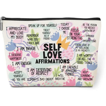 makeup bag with colourful pastel flower designs and inspirational self-love affirmations such as 'I am enough', and 'Focus on your strengths'. Zipper closure at the top.