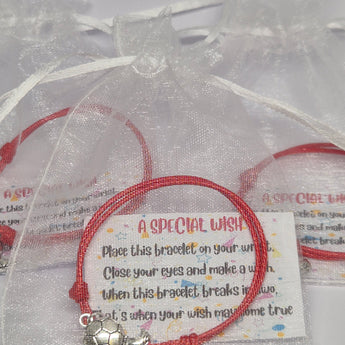 A collection of red waxed cord bracelets with silver football charm pendants, displayed in sets of six or twelve.