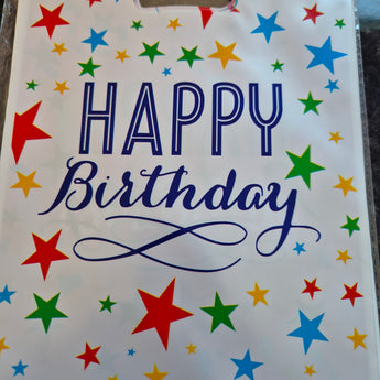 white happy birthday loot bags with handles
