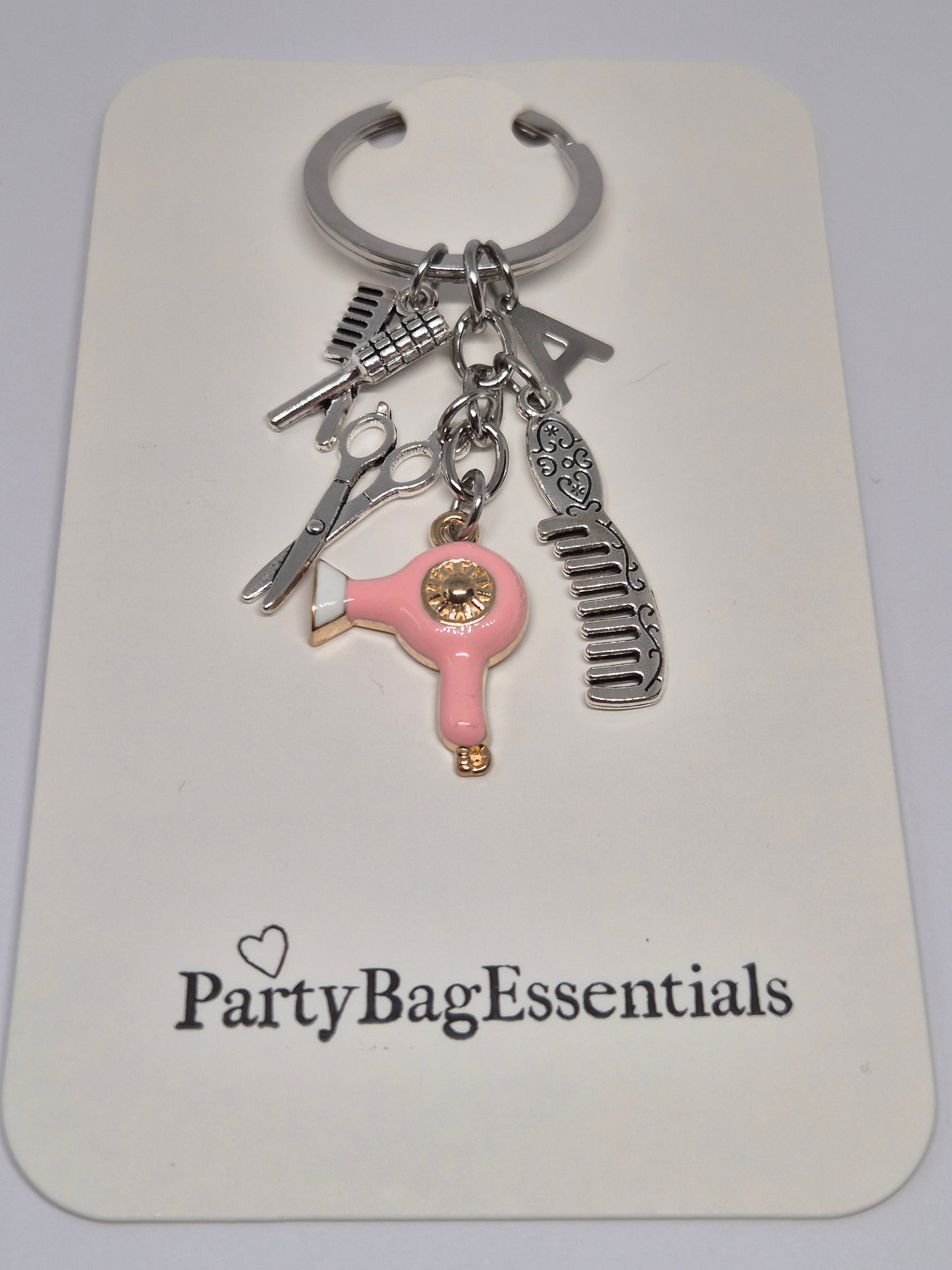 pink hairdresser keyring with hairdryer brush scissors charms-party bag essentials