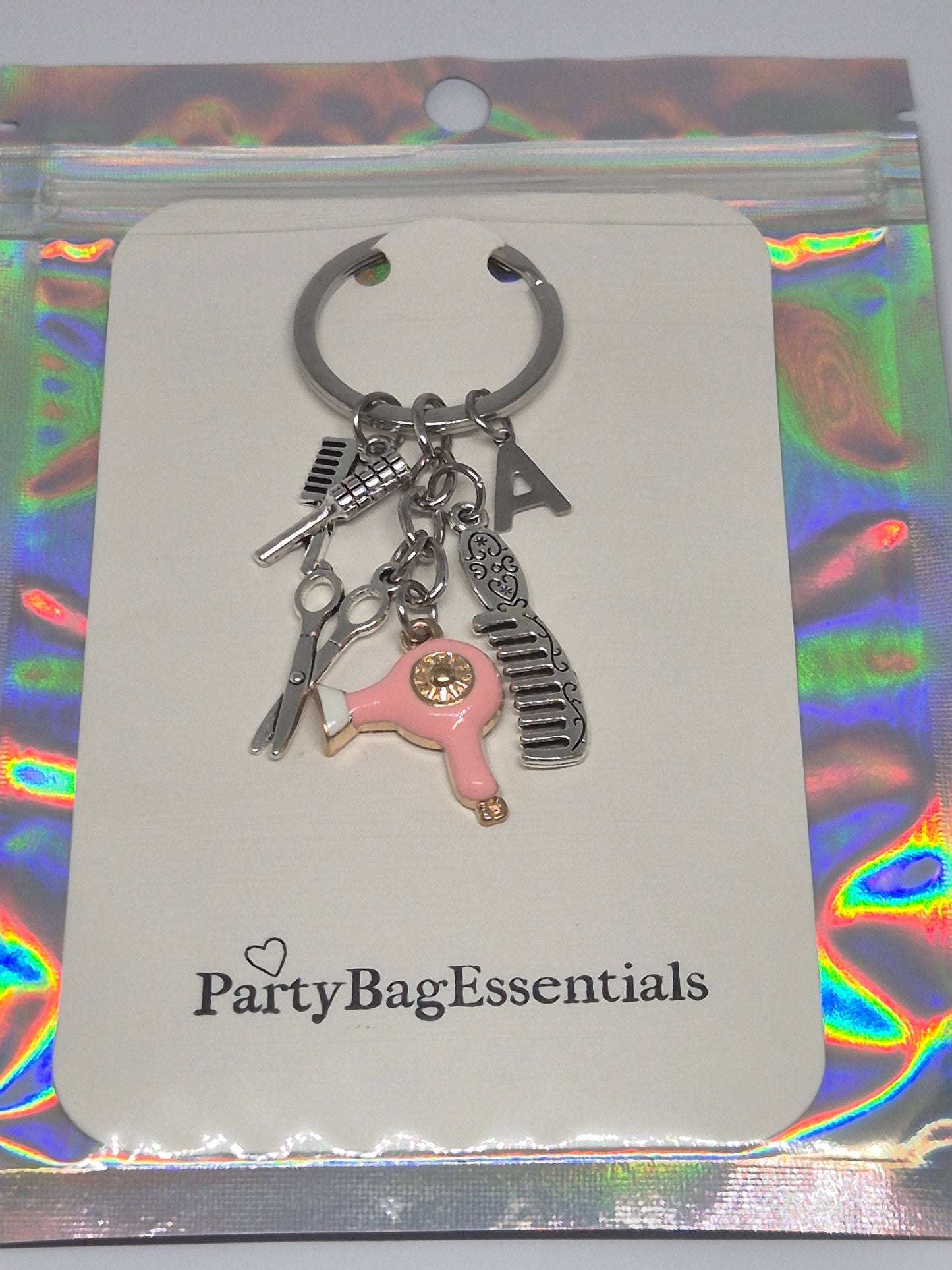 pink hairdresser keychain with brush hairdryer scissors-party bag 