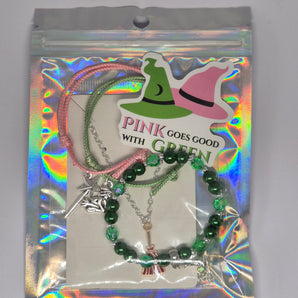 Handmade Wicked Witch pre filled party bag with adjustable friendship bracelets, beaded charm bracelet, enamel broom pendant necklace, and witchy stickers